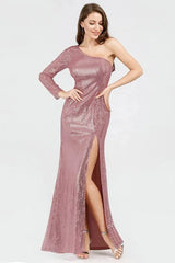 Glamorous One Shoulder Long Sleeve Prom Dress Sequins Mermaid Evening Gowns With Split