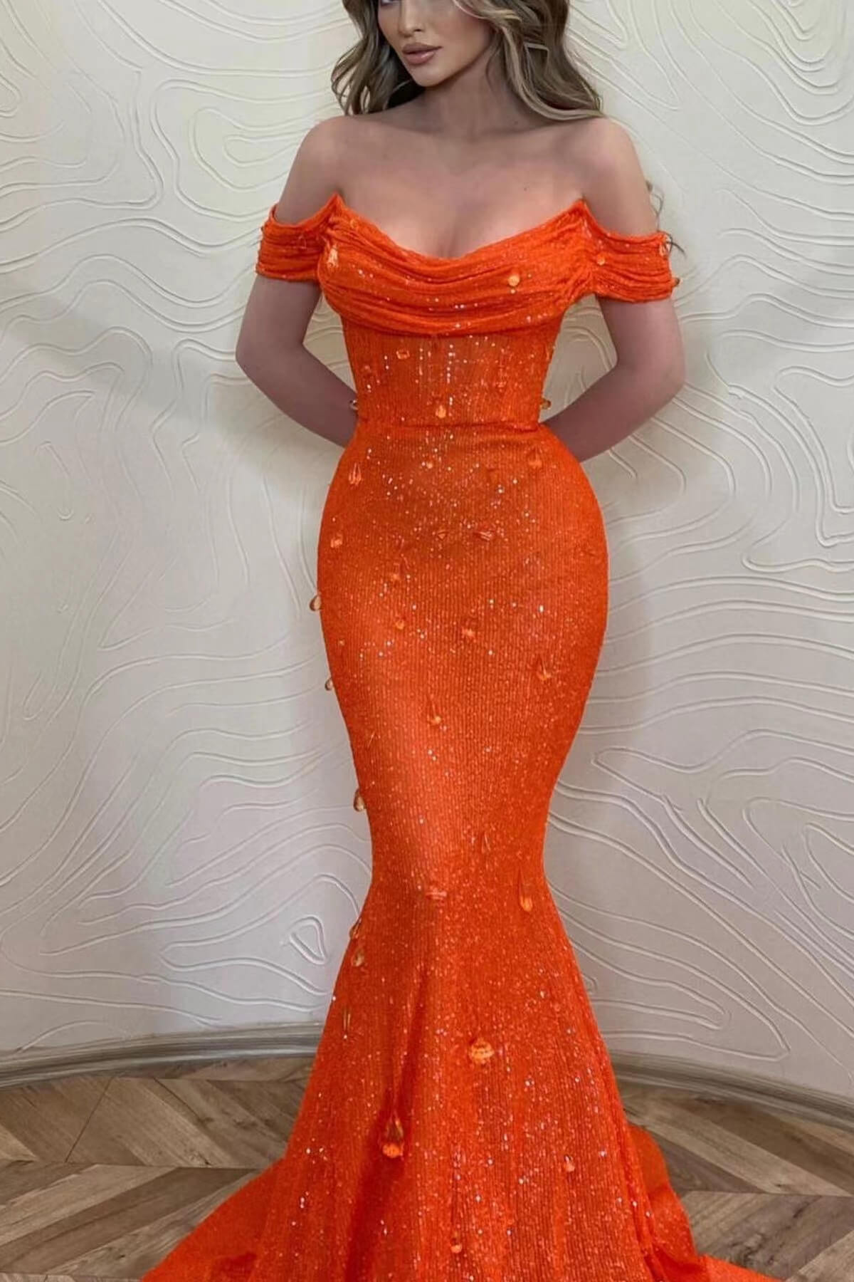 Glamorous Orange Long Mermaid Off The Shoulder Sequins Prom Dress