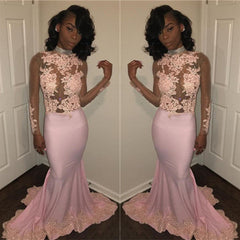Glamorous Pink High Neck Long Sleeve Appliques Prom Dress