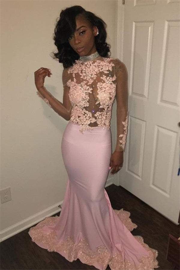 Glamorous Pink High Neck Long Sleeve Appliques Prom Dress