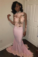 Glamorous Pink High Neck Long Sleeve Appliques Prom Dress