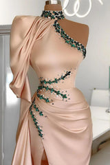 Glamorous Pink High Neck Ruffles Crystal Side Slit Prom Dress