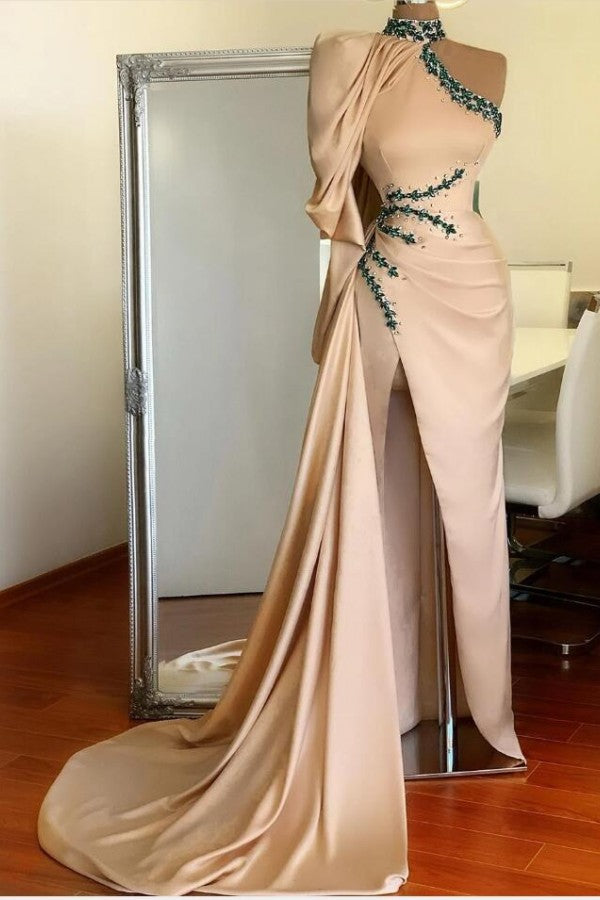 Glamorous Pink High Neck Ruffles Crystal Side Slit Prom Dress