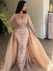 Glamorous Pink Long Sleeve V-Neck Prom Dress with Overskirt