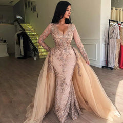 Glamorous Pink Long Sleeve V-Neck Prom Dress with Overskirt