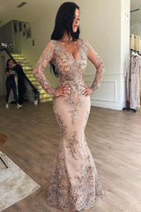 Glamorous Pink Long Sleeve V-Neck Prom Dress with Overskirt