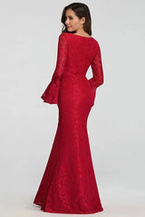 Glamorous Red Lace Prom Dress Mermaid Long Sleeve Evening Gowns