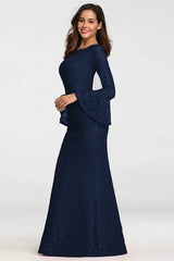 Glamorous Red Lace Prom Dress Mermaid Long Sleeve Evening Gowns