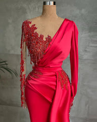 Glamorous Red Long Sleeve Sheath Beads Appliques Prom Dress