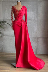 Glamorous Red Long Sleeve Sheath Beads Appliques Prom Dress