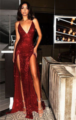Glamorous Red V-Neck Sequins Prom Dress with Split