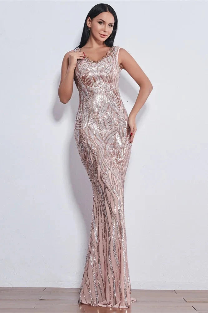 Glamorous Sequins V-Neck Mermaid Evening Party Gowns Long Prom Dress Online