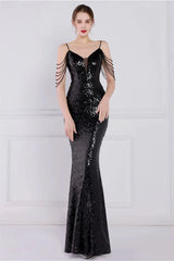 Glamorous Spaghetti-Straps Sequins Evening Gown Mermaid Sleeveless