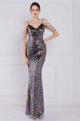 Glamorous Spaghetti-Straps Sequins Evening Gown Mermaid Sleeveless