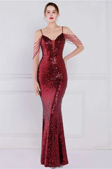 Glamorous Spaghetti-Straps Sequins Evening Gown Mermaid Sleeveless
