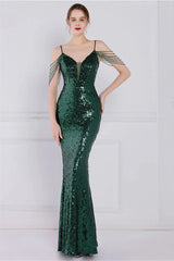 Glamorous Spaghetti-Straps Sequins Evening Gown Mermaid Sleeveless
