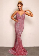 Glamorous Spaghetti-Straps Sequins Navy Prom Dress Long Mermaid Evening Gowns