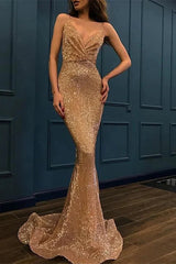 Glamorous Spaghetti-Straps Sequins V-Neck Prom Dress Mermaid Evening Gowns