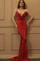 Glamorous Spaghetti-Straps Sequins V-Neck Prom Dress Mermaid Evening Gowns