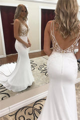 Glamorous Straps V-Neck Mermaid Wedding Dress with Appliques