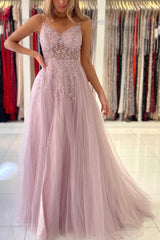 Glamorous Tulle Spaghetti Strap A-Line Evening Dress With Beadings