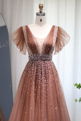 Glamorous V Neck A-Line Evening Dress with Glitter and Sequins Diamonds