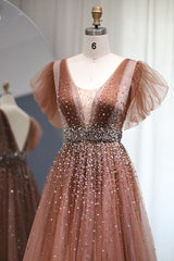 Glamorous V Neck A-Line Evening Dress with Glitter and Sequins Diamonds