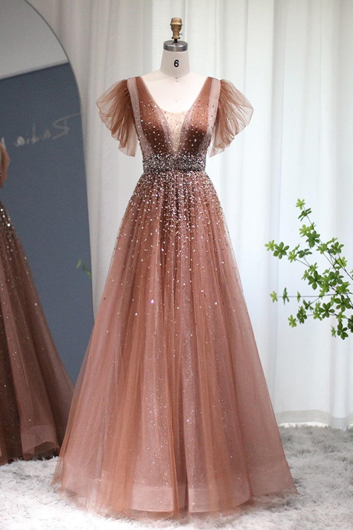 Glamorous V Neck A-Line Evening Dress with Glitter and Sequins Diamonds