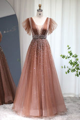 Glamorous V Neck A-Line Evening Dress with Glitter and Sequins Diamonds