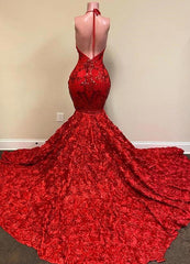 Glamorous V-Neck Mermaid Sequins Flowers Halter Backless Prom Dress