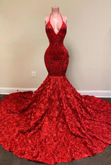 Glamorous V-Neck Mermaid Sequins Flowers Halter Backless Prom Dress