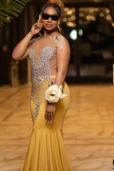 Glamorous Yellow Mermaid Cap Sleeve Crystal Prom Dress