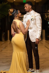 Glamorous Yellow Mermaid Cap Sleeve Crystal Prom Dress