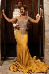 Glamorous Yellow Mermaid Cap Sleeve Crystal Prom Dress