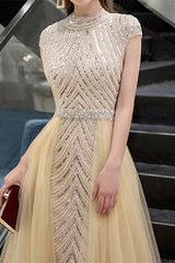 Glamorous Yellow Sequins Beadings Evening Dress With Long Ruffles High Collar Cap Sleeves