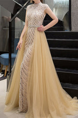 Glamorous Yellow Sequins Beadings Evening Dress With Long Ruffles High Collar Cap Sleeves