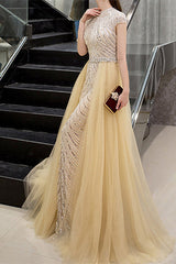 Glamorous Yellow Sequins Beadings Evening Dress With Long Ruffles High Collar Cap Sleeves