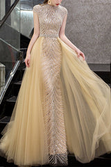 Glamorous Yellow Sequins Beadings Evening Dress With Long Ruffles High Collar Cap Sleeves