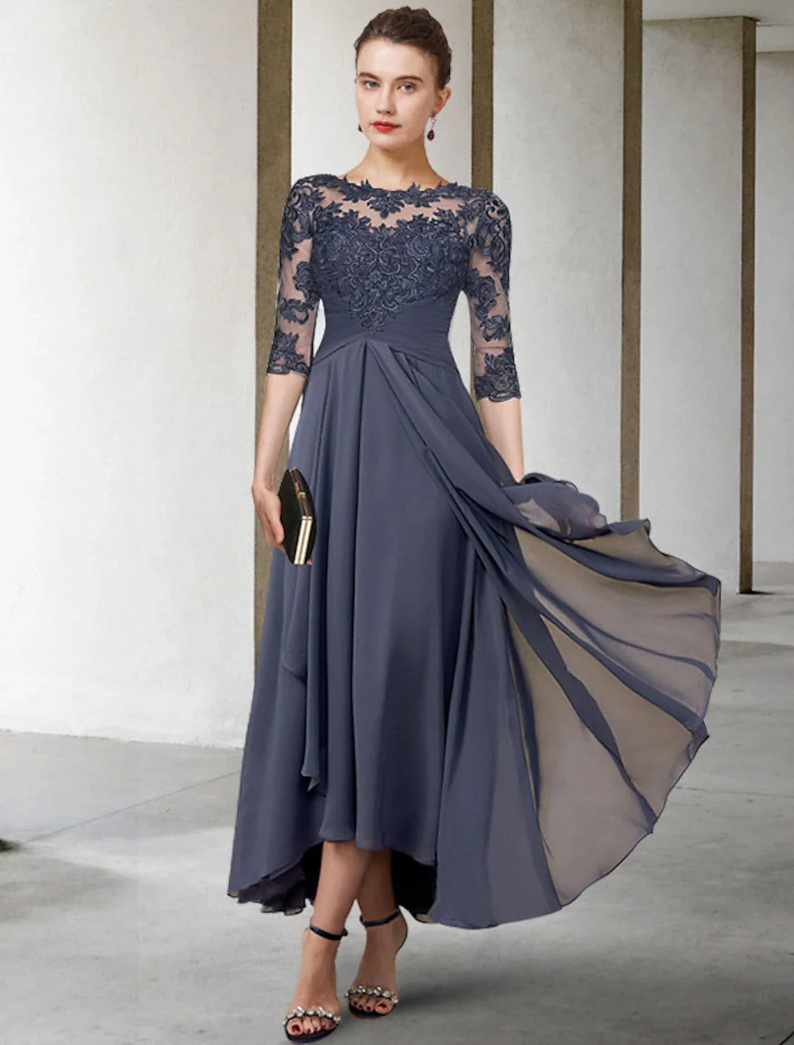 Aimishang  A-Line Mother of the Bride Dress Fall Wedding Guest Plus Size Elegant High Low Jewel Neck Asymmetrical Tea Length Chiffon Lace Half Sleeve with Ruched Appliques