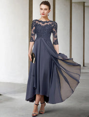 Aimishang  A-Line Mother of the Bride Dress Fall Wedding Guest Plus Size Elegant High Low Jewel Neck Asymmetrical Tea Length Chiffon Lace Half Sleeve with Ruched Appliques