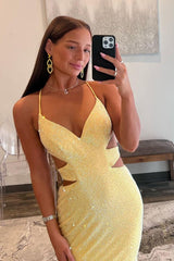 Mermaid Sparkly Satin V Neck Yellow Satin Long Prom Dresses