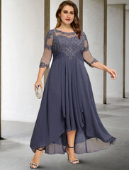 Aimishang A-Line Mother of the Bride Dresses Plus Size Hide Belly Curve Elegant Fall Wedding Guest Dress Formal Asymmetrical 3/4 Length Sleeve Jewel Neck Chiffon with Pleats Ruched Appliques