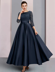 Aimishang  A-Line Mother of the Bride Dress Formal Wedding Guest Elegant Vintage Bateau Neck Ankle Length Satin Lace 3/4 Length Sleeve with Pleats Ruched