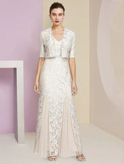 Aimishang Two Piece A-Line Mother of the Bride Dress Formal Wedding Guest Elegant Winter With Jacket Half Sleeve V Neck Ankle Length Chiffon Lace Pleats Appliques