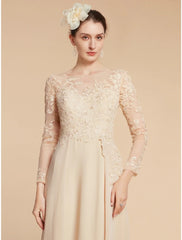 Aimishang  A-Line Mother of the Bride Dress Wedding Guest Elegant Jewel Neck Ankle Length Chiffon Lace Long Sleeve with Ruching Solid Color
