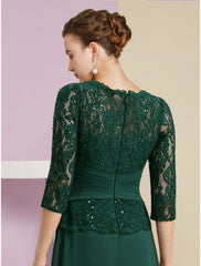 Aimishang  A-Line Mother of the Bride Dress Wedding Guest Elegant Scoop Neck Floor Length Stretch Chiffon 3/4 Length Sleeve with Lace Sequin Ruching