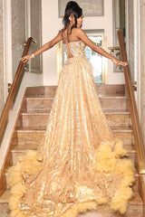 Gold Champagne Lace Crystal Sweetheart Side Slit Prom Dress