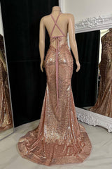 Gold Champagne Sequins Open Back Side Slit Prom Dress