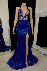 Gold Champagne Sequins Open Back Side Slit Prom Dress