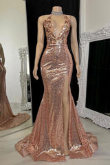 Gold Champagne Sequins Open Back Side Slit Prom Dress
